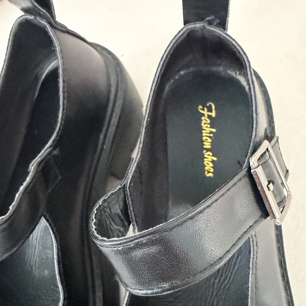 Black Platform Mary Jane Shoes with Buckle Strap